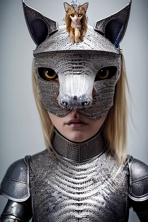 Image similar to female knight wearing a real cat on her head, armor designed by wayne barlowe, swarovski and tiffany, blonde hair, symmetry, sci - fi, cinematic, elegant, luxury, perfect light, perfect composition, dlsr photography, sharp focus, dark fantasy, 8 k, ultra hd, sense of awe, highly detailed, realistic, intricate