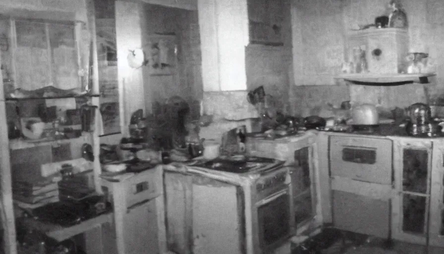 Image similar to a boa in a stalinist style kitchen, by mini dv camera, very very low quality, heavy grain, very blurry, accidental flash, webcam footage, found footage, security cam, caught on trail cam