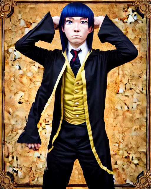 Image similar to photo realistic wide angle lens naruto anime cosplay wearing a beautiful 1 8 th century suit with a tie, rococo style, ed emshwiller style, highly detailed, very realistic, painterly style