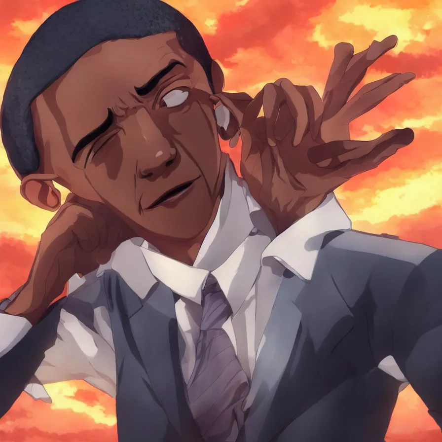 Image similar to barack obama as an anime protagonist, beautiful anime style, portrait, close - up, cinematic rim lighting, dramatic pose, beautiful sunset, professional, highly detailed, clear, sharp, smug expression, trending on artstation