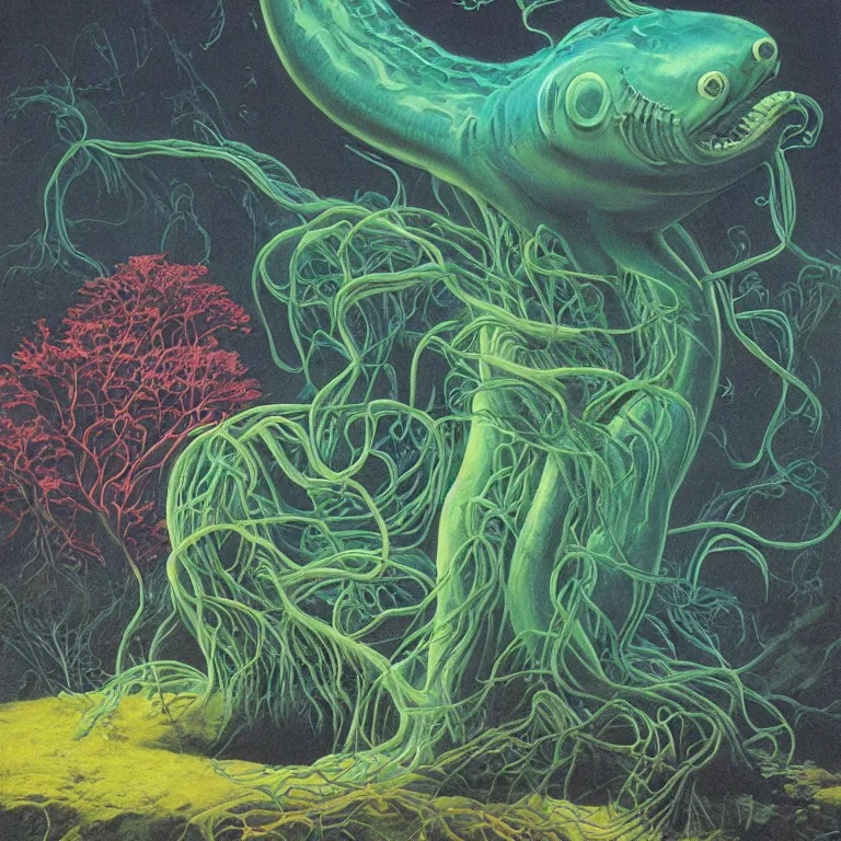 Image similar to Hyperrealistic intensely colored studio Photograph portrait of a deep sea bioluminescent Electric Kaiju Eel sitting in a lawn chair in its back yard, award-winning nature oil painting by Audubon and Zdzisław Beksiński vivid colors hyperrealism 8k