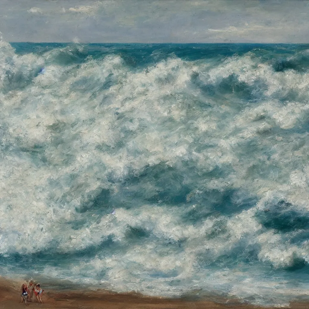 Image similar to italian beach scene with large waves crashing down, people swimming, the water and waves and sea foam painted in very thick impasto