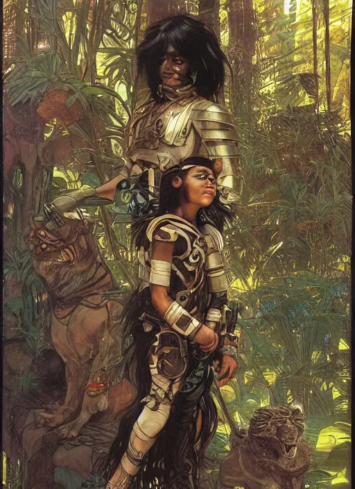 Image similar to portrait of a little epic cyborg warrior boy character with dark skin and beautiful symmetric face and long black hair and an armored tiger at his side in the middle of a lush jungle. diffuse night light, dramatic landscape, fantasy illustration, matte painting by mucha