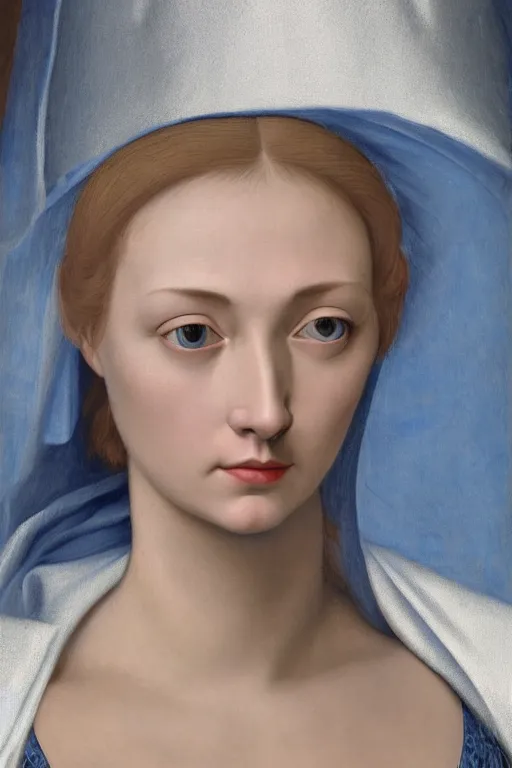 Image similar to hyper - realistic close - up portrait of a medieval female in the caravaggio style, pale skin, in a silver silk robe, blue palette