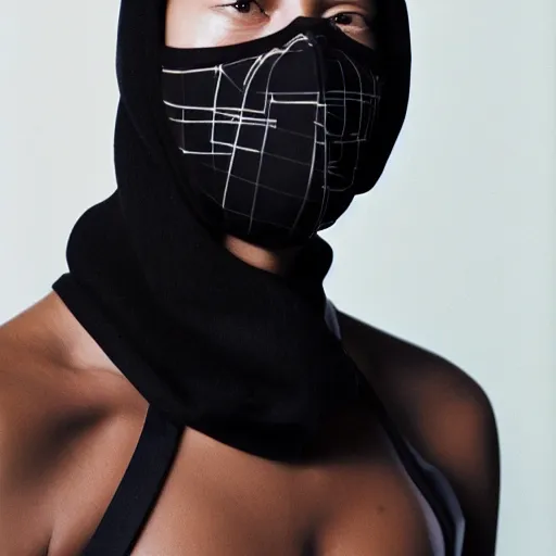 Image similar to realistic photoshooting for a new balenciaga lookbook, color film photography, portrait of a beautiful woman, model is wearing a balaclava mask, in style of tyler mitchell, 3 5 mm,