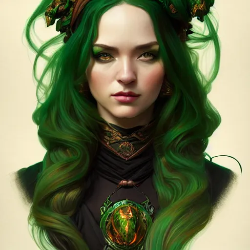 Prompt: aristocrat, green black orange color palette, black female, d & d, fantasy, intricate, elegant, highly detailed, long green hair, digital painting, artstation, octane render, concept art, matte, sharp focus, illustration, hearthstone, art by artgerm, alphonse mucha johannes voss