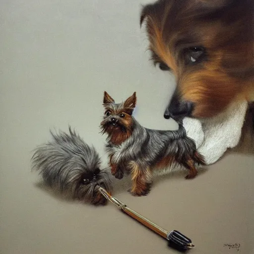 Prompt: brown and gray Yorkshire terrier dog, extremely detailed masterpiece, illustration, by Michael Sowa,