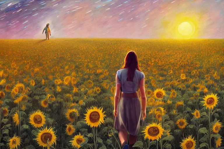 Image similar to giant sunflower as a head, girl walking in wheat field, hills, surreal photography, dark night, star trails, dramatic light, impressionist painting, clouds, digital painting, artstation, simon stalenhag