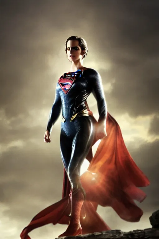 Image similar to a fancy close up of Man of Steel cast as Emma Watson by Greg Rutkowski, full body shot