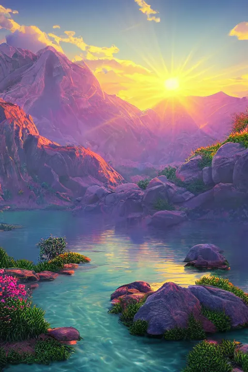 Prompt: sunrise mountain water vector illustration digital art by evgeny lushpin trending on artstation