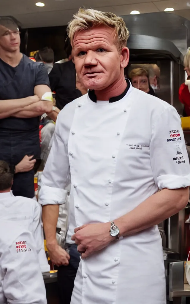 Prompt: gordon ramsay waiting in line at mcdonalds, high detailed sharp photo