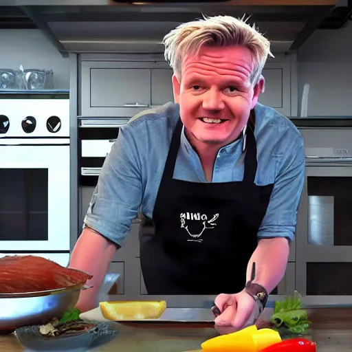 Image similar to hyper real Gordon Ramsey cooking a unicorn in kitchen 4k