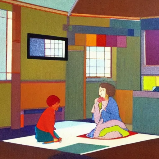 Image similar to A beautiful installation art harmony of colors, simple but powerful composition. A scene of peaceful domesticity, with a mother and child in the center, surrounded by a few simple objects. Colors are muted and calming, serenity and calm. stuckism, rendered in octane by Rumiko Takahashi, by Charles Robinson