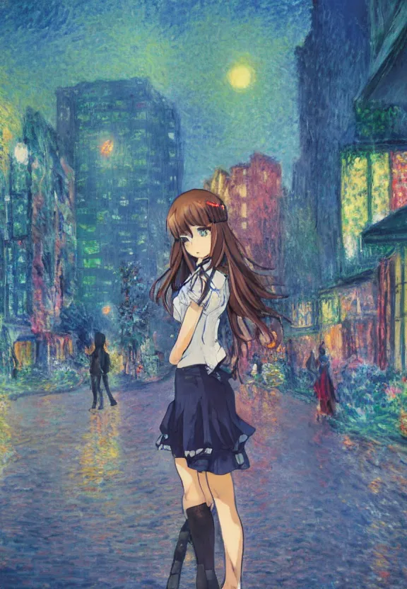 Image similar to wide angle portrait of a teenage girl, a thrifty outfit, very anime in impressionist style, city street view background, starlit night sky, anime trending artwork, anime painter studio, by claude monet