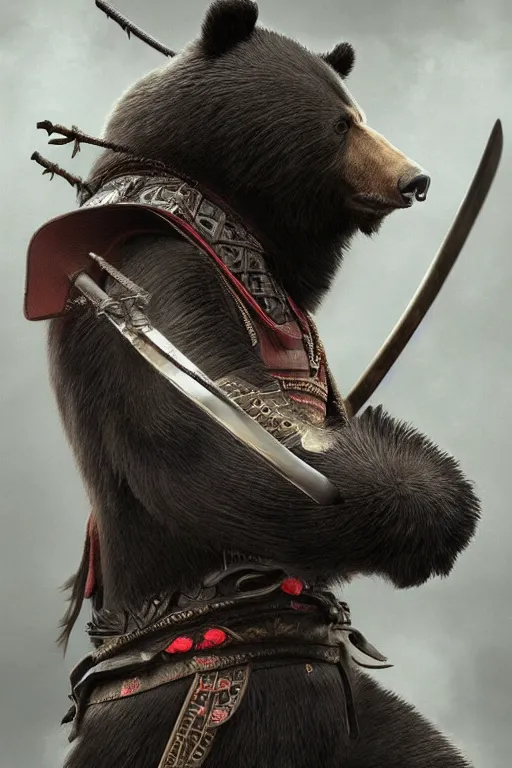 Prompt: anthropomorphic, half man half asian black bear, black bear samurai, Moon Bear Samurai, epic, samurai, stunning 3d render, 8k octane beautifully detailed render, post-processing, highly detailed, intricate complexity, epic composition, magical atmosphere, cinematic lighting + masterpiece, trending on artstation, art by artgerm and greg rutkowski and alphonse mucha