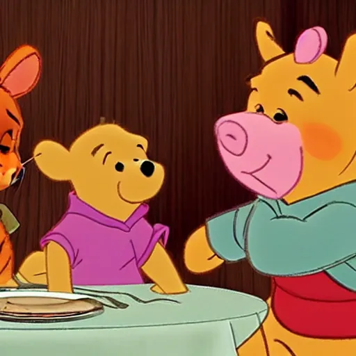 Image similar to Winnie the Pooh invites Tiger and Piglet to dine in a very fancy restaurant.