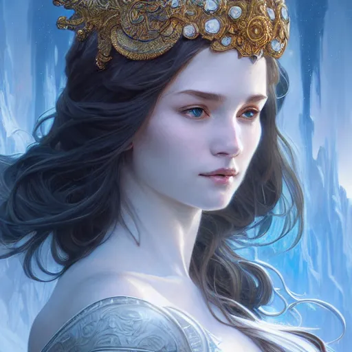 Prompt: portrait of a goddess of ice and earth, half body, perfect face, d & d, fantasy, intricate, elegant, highly detailed, digital painting, artstation, concept art, smooth, sharp focus, illustration, art by artgerm and greg rutkowski and alphonse mucha
