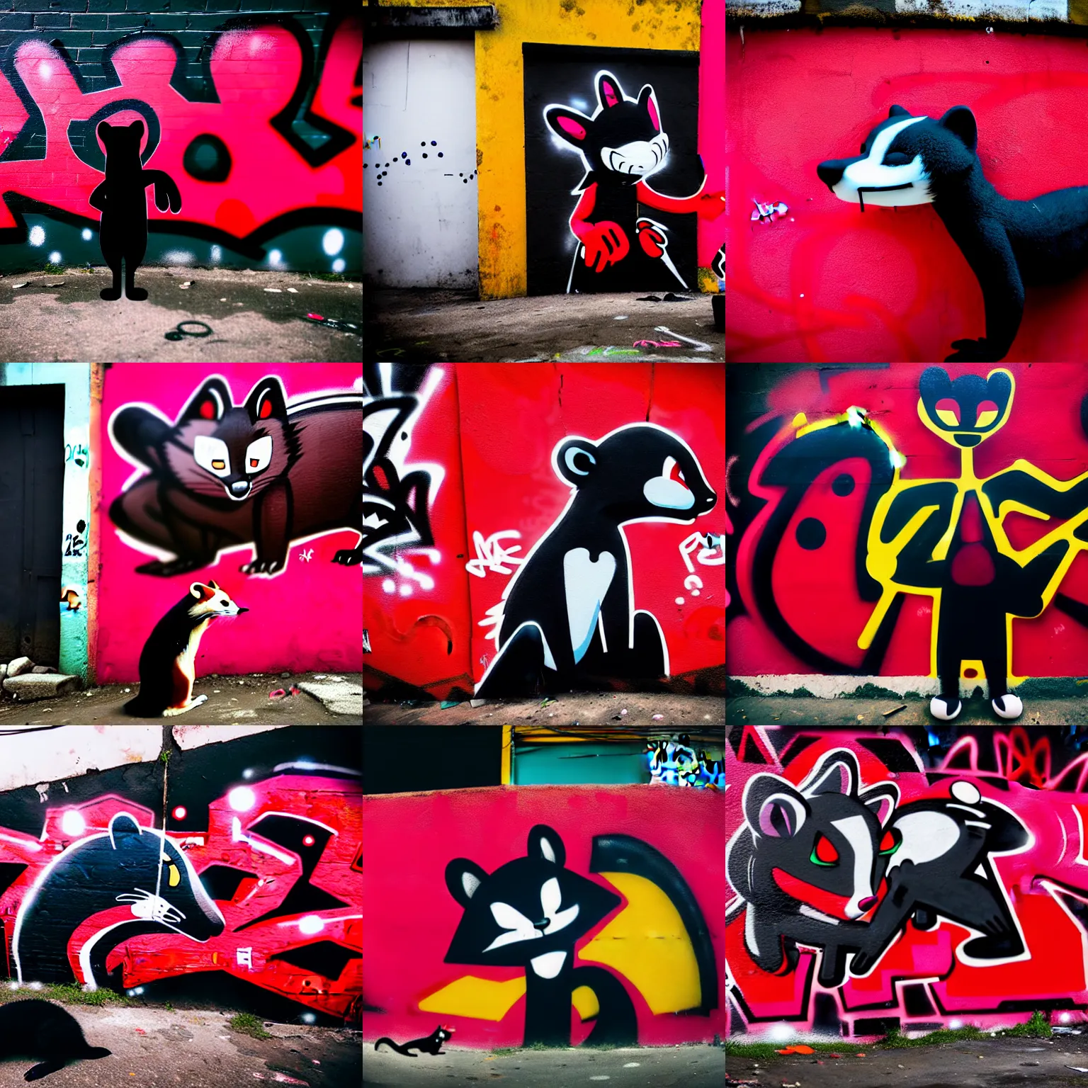 Prompt: photo ( far _ shot ), subject [ furry _ fandom _ fursona _ original _ character ( red - black, anthropomorphic _ humanoid _ furry, weasel - ferret - stoat ) ], background ( dark _ smokiness ), medium [ graffiti ], location ( favela )