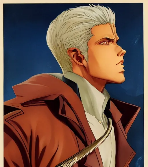 Image similar to j. c. leyendecker painting of an anime vergil from dmc, direct flash photography at night, film grain