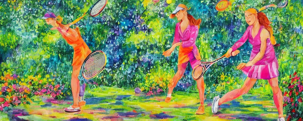 Prompt: a vibrant painting of a women playing tennis in a botanic garden while it is raining pickles