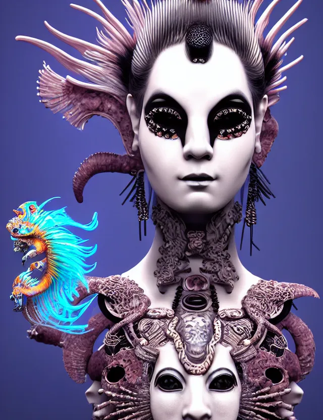 Image similar to 3 d goddess close - up profile portrait punk with mohawk with ram skull. beautiful intricately detailed japanese crow kitsune mask and clasical japanese kimono. betta fish, jellyfish phoenix, bio luminescent, plasma, ice, water, wind, creature, artwork by tooth wu and wlop and beeple and greg rutkowski