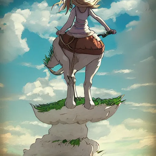 Prompt: a girl riding a giant rabbit. very detailed. digital art. in the style of miyazaki. 4 k. trending on artstation.