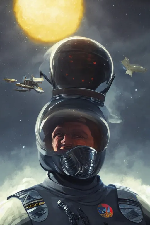 Image similar to portrait of a black baron harkonnen wearing leather spacesuit, detailed, sunshine, nebula space background, illustration by normal rockwell, artstation character art, adebanji alade, concept art, greg rutkowski