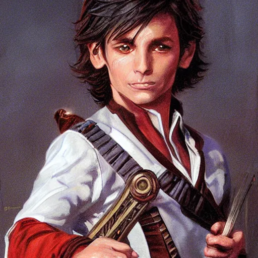 Image similar to beautiful portrait painting of a very short and small male halfing bard from pathfinder, evil smirk, narcissist, self centered, casting fireball, painted by larry elmore, wayne reynolds, greg rutkowski, magic the gathering, dungeons and dragons, dishonored 2