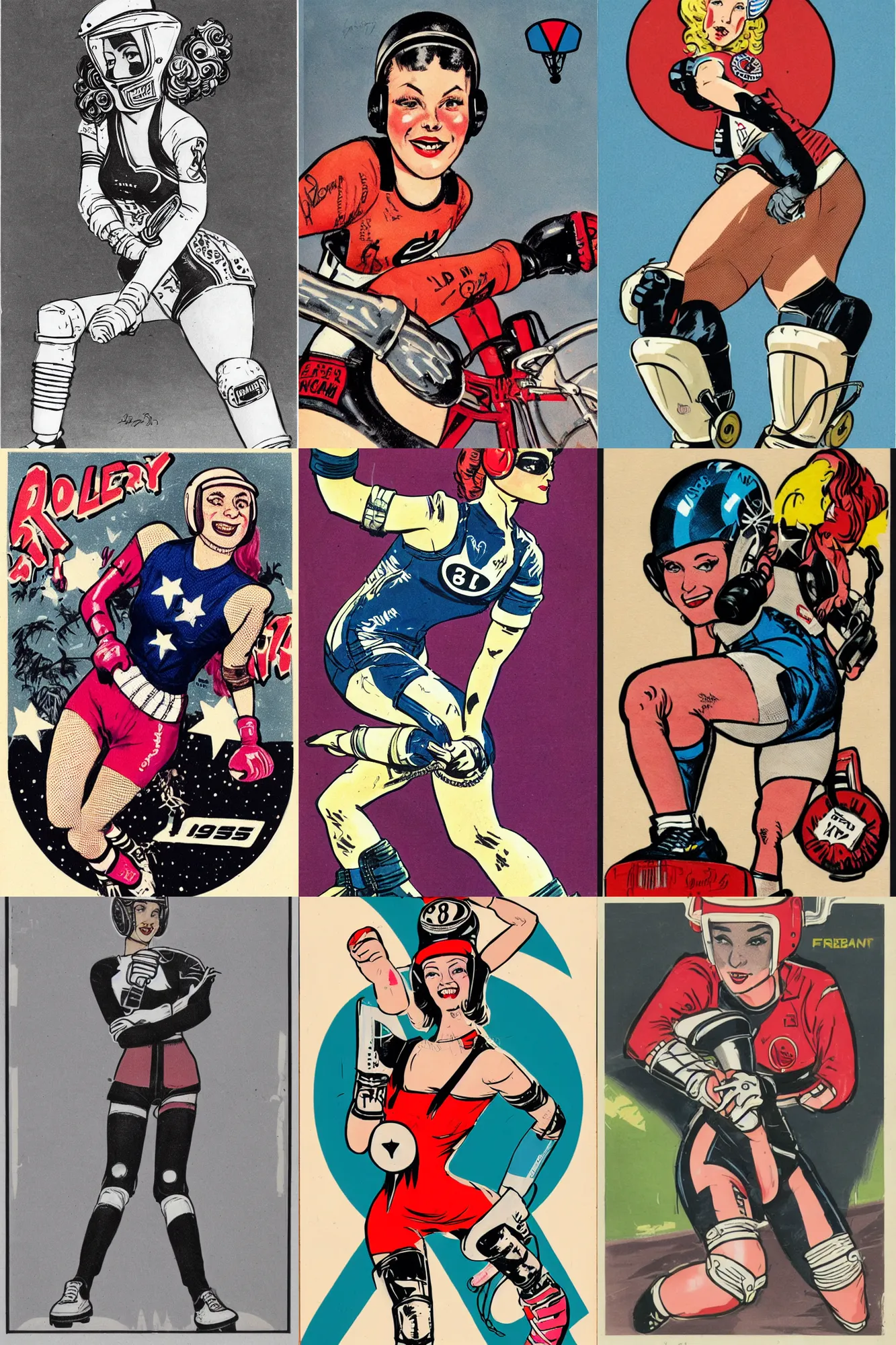 Prompt: roller derby girl portrait, logo, wearing helmet, wearing knee and elbow pads, showing victory,Frank Hampson and mcbess, 1950s