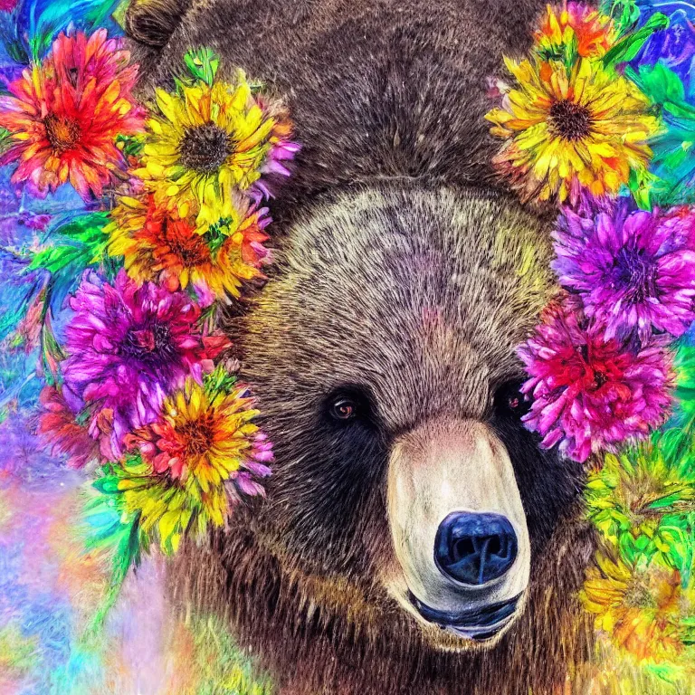 Prompt: a very artistic painting of a bear with flowers on his head, beautiful and cute, long exposure, high quality, detailed, 8 k resolution, analytical art, art photography, moco