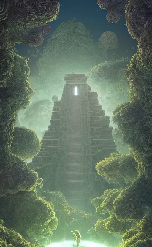 Prompt: microscopic tardigrade, microbiology, magical forest, ruins, civilization, vegetation, mayan temple, futuristic, sharp focus, electric swirls, backlight, furry, soft, concept art, intricate details, disney pixar, james gilleard, moebius, print, iridescent, global illumination, anime, game art