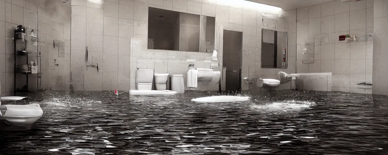 Prompt: a flooded bathroom exploding