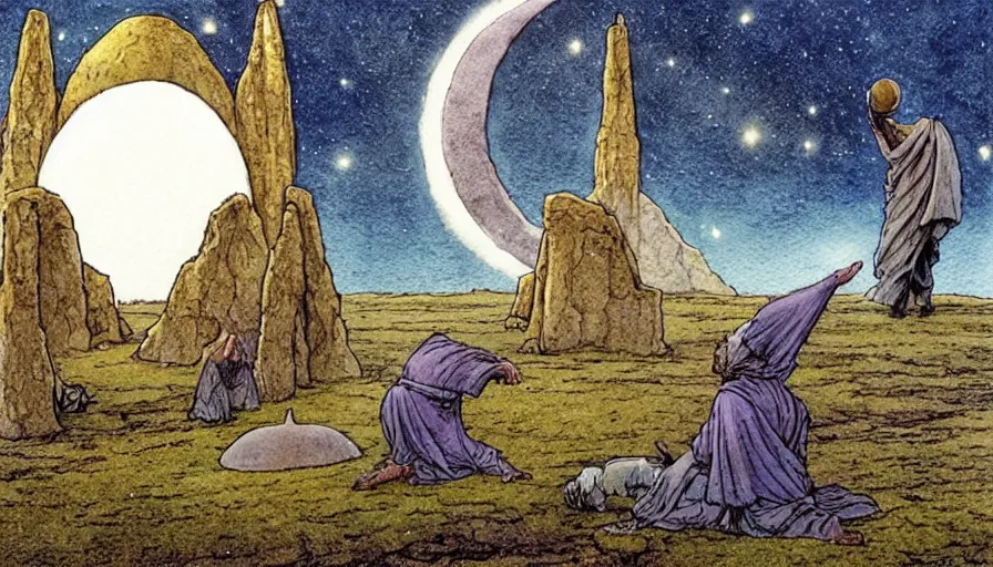 Image similar to a realistic and atmospheric watercolour fantasy concept art of a golden ufo landing in stonehenge. a giant medieval monk in grey robes on his knees praying. a crescent moon in the sky. muted colors. by rebecca guay, michael kaluta, charles vess and jean moebius giraud