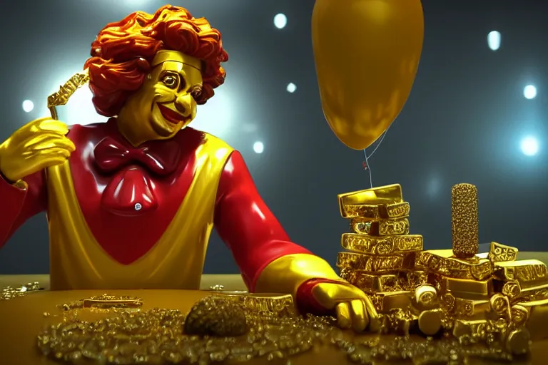 Image similar to a still of ronald mcdonald surrounded by gold and diamonds, award - winning, photograph, 3 d render, unreal engine, 4 k detailed