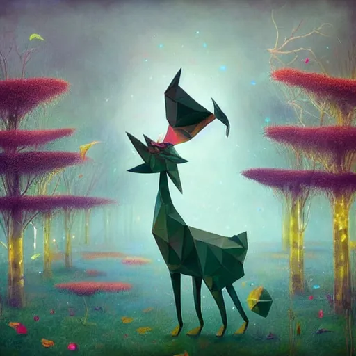 Prompt: low poly, surreal hybrid animals, nostalgia for a fairytale, magic realism, flowerpunk, mysterious vivid colors by andy kehoe and amanda clarke en un mundo de Gediminas Pranckevicius