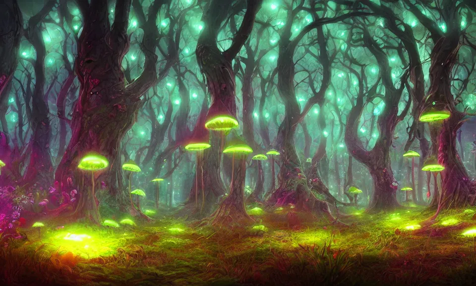 Prompt: bioluminescent mushroom forest, digital art, concept art, fantasy art, highly detailed, hd wallpaper, artstation, deviantart, behance