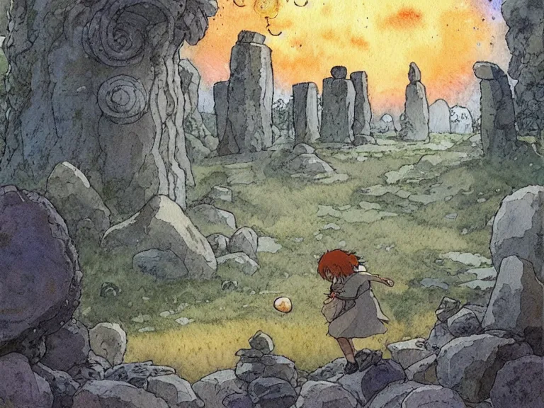 Image similar to a simple watercolor studio ghibli movie still fantasy concept art of a giant wizard playing with stones like they are toys in a tiny stonehenge. it is a misty starry night. by rebecca guay, michael kaluta, charles vess