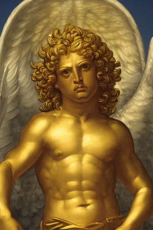 Image similar to archangel Michael, angry face, closeup, ultra detailed, made in gold, Guido Reni style