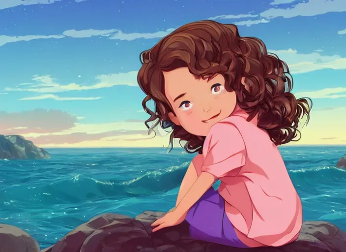 Prompt: a little girl with short wavy curly light brown hair sitting on a rock. background is a pink and blue sunrise sky. clean cel shaded vector art. shutterstock. behance hd by lois van baarle, artgerm, helen huang, by makoto shinkai and ilya kuvshinov, rossdraws, illustration, art by ilya kuvshinov