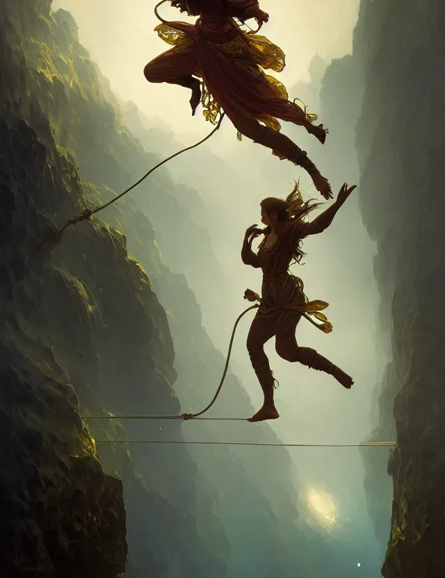 Prompt: photography alexey gurylev, on a tightrope over the abyss, serene, lunar, deep focus, d & d, fantasy, complex, elegant, highly detailed, digital painting, artstation, concept art, matte, clear focus, illustration, hearthstone, artgerm art, greg rutkovsky and alphonse mucha