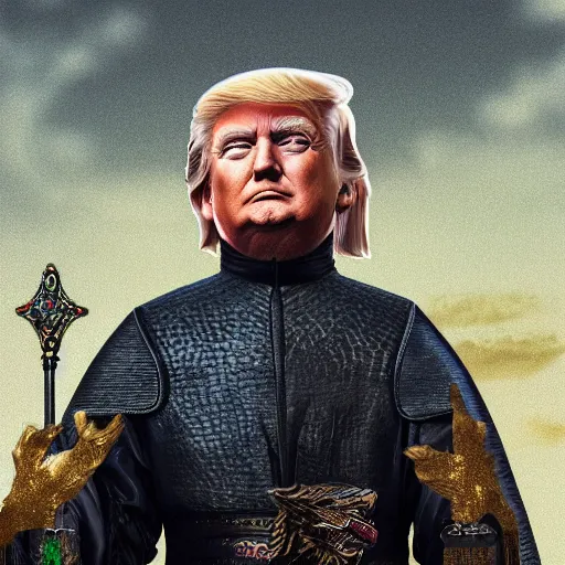 Image similar to donald trump as a medieval king before his gold castle, game of thrones style, digital art, golden hour, amazing, high quality, trending on artstation