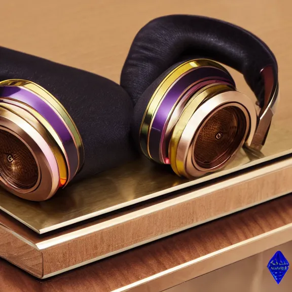 Image similar to masterpiece photo of beautiful crafted bismuth metal headphones, bismuth rainbow metal, bismuth cups, leather padding, displayed on mahogany desk, modernist headphones, bismuth headphones beautiful well designed, hyperrealistic, audiophile, intricate hyper detail, extreme high quality, photographic, meze audio, sennheiser, hifiman, artstation