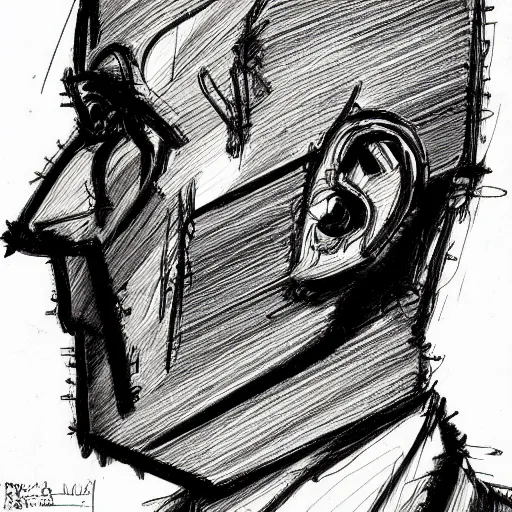 Image similar to a realistic yet scraggly portrait sketch of the side profile of a stern and sophisticated max headroom, trending on artstation, intricate details, in the style of frank auerbach, in the style of sergio aragones, in the style of martin ansin, in the style of david aja, in the style of mattias adolfsson