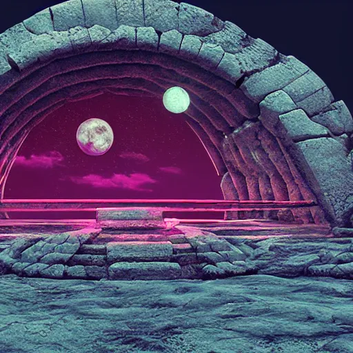 Prompt: ancient greek structure in the moon, retrowave epic art, trending on art station