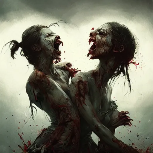 Prompt: two angry zombie girls attacking each other, intricate, art by greg rutkowski, high detailed, 4 k,