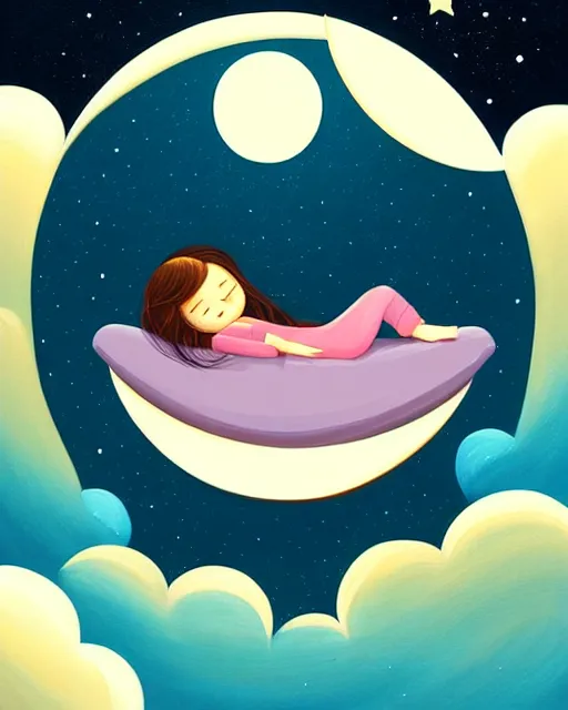 Image similar to beautiful painting of little girl sleeping on her flying bed, moon, art by petros afshar, sky night, illustration, highly detailed, simple, smooth and clean vector curves, no jagged lines, vector art, smooth, artstation