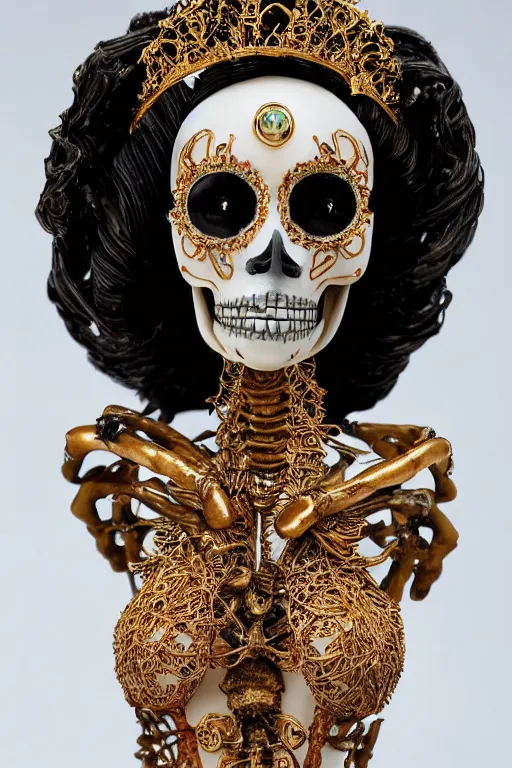 Image similar to a cinematic view of a ornated intricate princess skelleton statue made by hedi xandt, realistic, macabre art, stained wrapped skin, using gold ornaments of insect parts detailed image