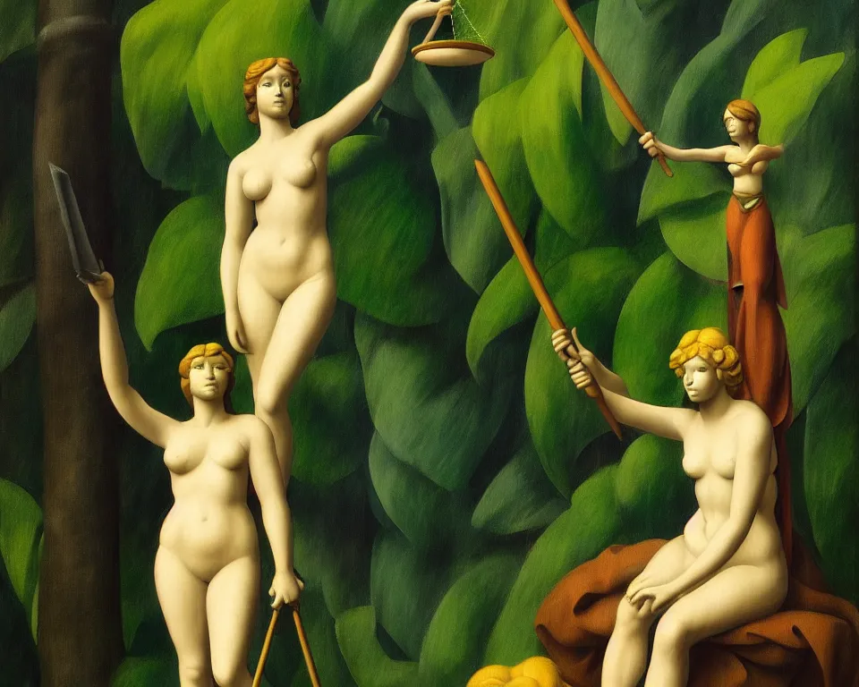 Image similar to lady justice statute in the rainforest by raphael, hopper, and rene magritte. detailed, romantic, enchanting, trending on artstation.