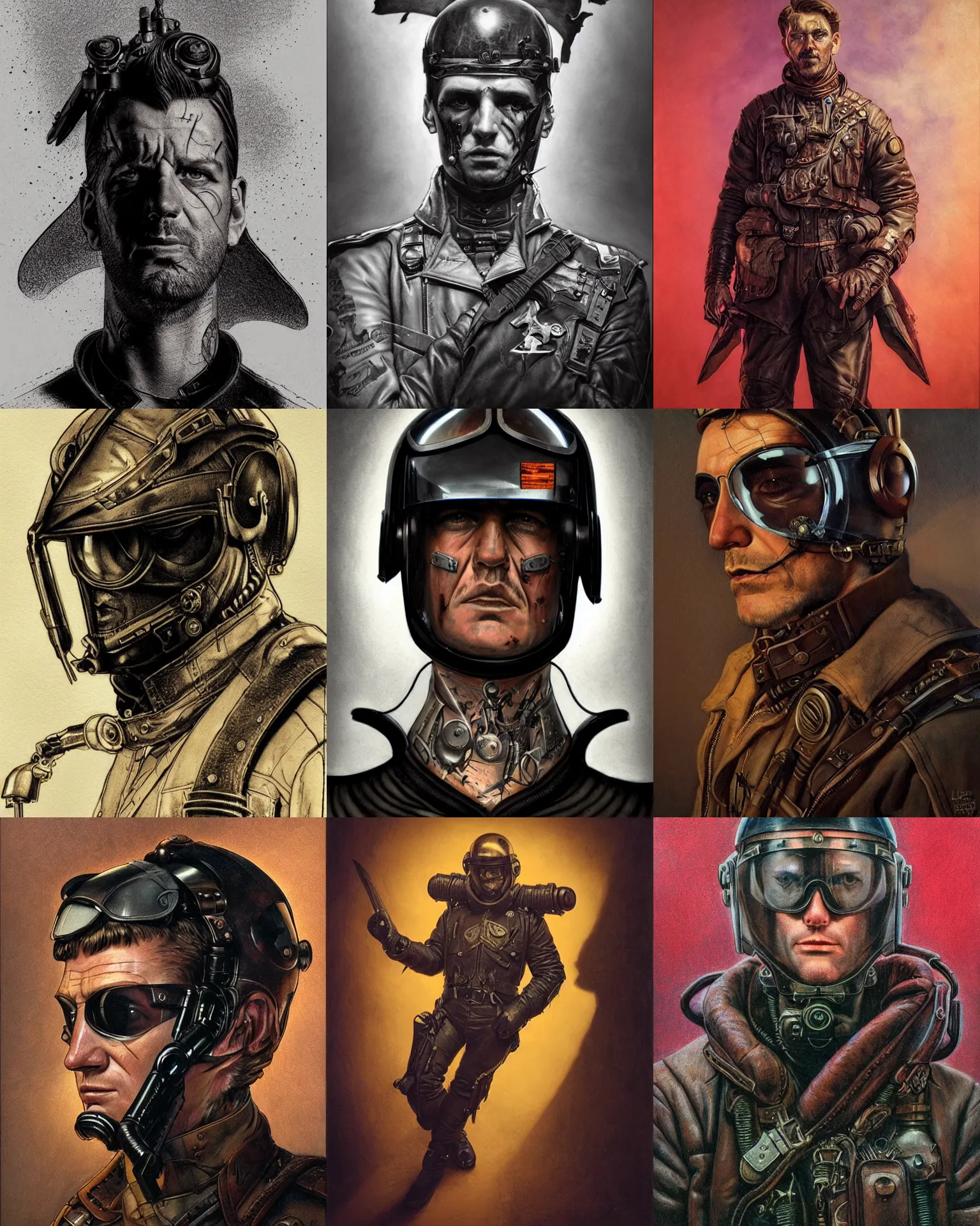 Prompt: portrait, headshot, angled, d, grizzled, scarred, victorian retro - futurist pilot, leather pilots uniform, heroic composition, by diego gisbert llorens and donato giancola, loish, moebius, regal, dramatic lighting, backlit, spot lit, shadowed, mysterious, tattoos, intricate, hyper realistic, hyperdetailed, centered, cinematic