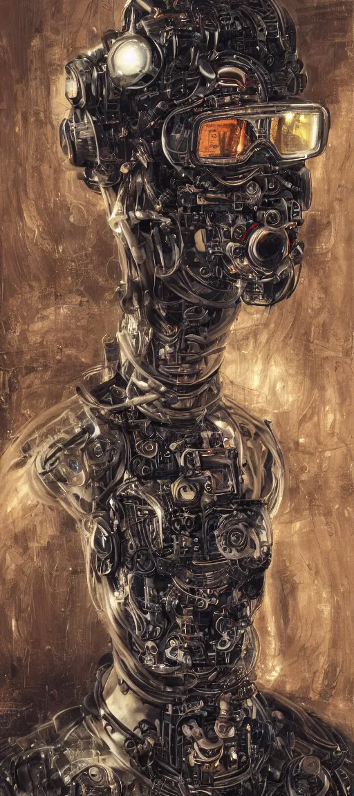 Image similar to a guy connected to wires and tubes, wearing goggles, cybernetic, dystopian, Neo Rococo Expressionist, Maximalism, orientalism, diffuse lighting, fantasy, intricate, elegant, highly detailed, lifelike, photorealistic, digital painting, artstation, illustration, concept art, smooth, sharp focus, art by John Collier and Albert Aublet and Krenz Cushart and Artem Demura and Alphonse Mucha